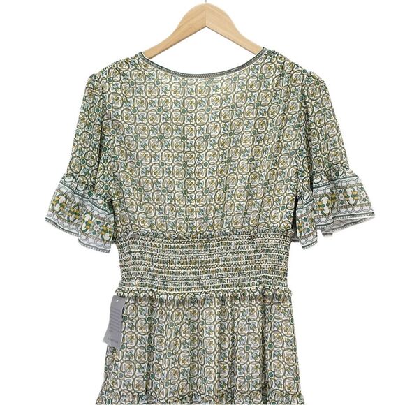 NWT Max Studio Tiered A-Line Flutter Sleeve Dress Cream Green Floral Size Medium - Picture 7 of 14